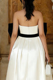 Black and White Strapless A Line Midi Prom Dress With Bow