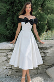 White A Line Off the Shoulder Midi Formal With Bow