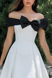 White A Line Off the Shoulder Midi Formal With Bow