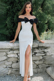 White Sheath Off the Shoulder Long Formal Dress With Slit