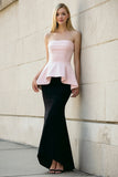 Mermaid Black and Pink Strapless Long Formal Dress With Ruffles