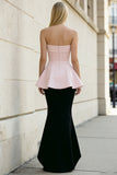 Mermaid Black and Pink Strapless Long Formal Dress With Ruffles