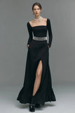 Black Square Neck A Line Long Sleeves Formal Dress With Slit