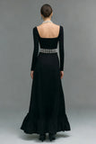 Black Square Neck A Line Long Sleeves Formal Dress With Slit