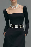 Black Square Neck A Line Long Sleeves Formal Dress With Slit