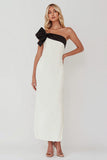 Black and White One Shoulder Sheath Long Formal Dress With Bow