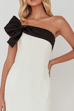 Black and White One Shoulder Sheath Long Formal Dress With Bow
