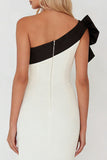Black and White One Shoulder Sheath Long Formal Dress With Bow