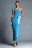 Peacock Blue One Shoulder Sheath Long Foraml Dress With Slit
