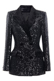 Sparkly Black Peak Lapel Women Blazer with Pockets