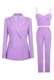 Purple 3 Piece Peaked Lapel Slim Fit Women Suits