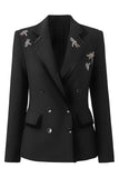 Black Beaded Notched Lapel Women Blazer with Pockets
