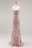 Sparkly Light Pink Strapless Long Prom Dress with Sequins