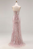 Sparkly Light Pink Strapless Long Prom Dress with Sequins