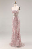 Sparkly Light Pink Strapless Long Prom Dress with Sequins
