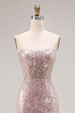 Sparkly Light Pink Strapless Long Prom Dress with Sequins