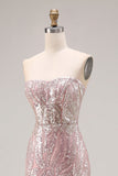Sparkly Light Pink Strapless Long Prom Dress with Sequins