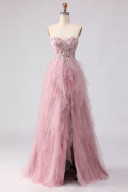Pink Corset Sweetheart A Line Beaded Appliques Long Prom Dress With Slit