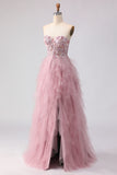 Pink Corset Sweetheart A Line Beaded Appliques Long Prom Dress With Slit