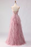 Pink Corset Sweetheart A Line Beaded Appliques Long Prom Dress With Slit