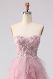 Pink Corset Sweetheart A Line Beaded Appliques Long Prom Dress With Slit