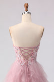Pink Corset Sweetheart A Line Beaded Appliques Long Prom Dress With Slit