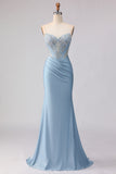 Sky Blue Corset Mermaid Beaded Strapless Long Prom Dress