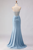 Sky Blue Corset Mermaid Beaded Strapless Long Prom Dress