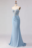 Sky Blue Corset Mermaid Beaded Strapless Long Prom Dress