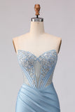 Sky Blue Corset Mermaid Beaded Strapless Long Prom Dress