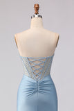 Sky Blue Corset Mermaid Beaded Strapless Long Prom Dress