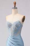 Sky Blue Corset Mermaid Beaded Strapless Long Prom Dress