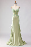 Mermaid Light Green Satin Corset Applique Long Prom Dress