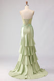 Mermaid Light Green Satin Corset Applique Long Prom Dress