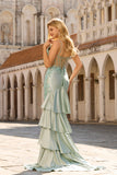 Light Green Mermaid Corset Sequin Appliqued Satin Long Prom Dress With Ruffles