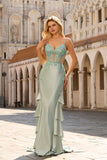 Light Green Mermaid Corset Sequin Appliqued Satin Long Prom Dress With Ruffles