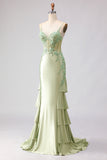 Mermaid Light Green Satin Corset Applique Long Prom Dress