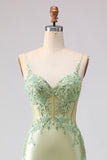 Mermaid Light Green Satin Corset Applique Long Prom Dress