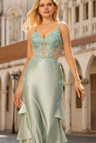 Light Green Mermaid Corset Sequin Appliqued Satin Long Prom Dress With Ruffles