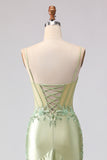 Mermaid Light Green Satin Corset Applique Long Prom Dress