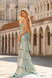 Light Green Mermaid Corset Sequin Appliqued Satin Long Prom Dress With Ruffles