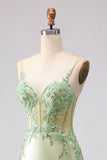 Mermaid Light Green Satin Corset Applique Long Prom Dress