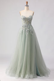 Sage Green Beaded Corset Applique Tulle Long Prom Dress With Slit