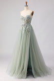 Sage Green Beaded Corset Applique Tulle Long Prom Dress With Slit
