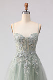 Sage Green Beaded Corset Applique Tulle Long Prom Dress With Slit