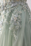 Sage Green Beaded Corset Applique Tulle Long Prom Dress With Slit