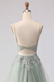 Sage Green Beaded Corset Applique Tulle Long Prom Dress With Slit