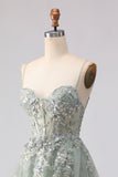 Sage Green Beaded Corset Applique Tulle Long Prom Dress With Slit