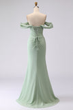 Sage Green Off the Shoulder Mermaid Long Bridesmaid Dress