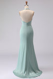 Halter Sea Glass Ruched Mermaid Satin Long Bridesmaid Dress With Slit
